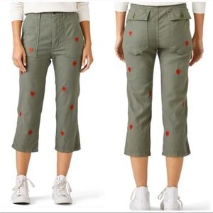 THE GREAT. Ankle Utility Pants in Olive Embroidered Hearts Sz 25 Linen Cotton